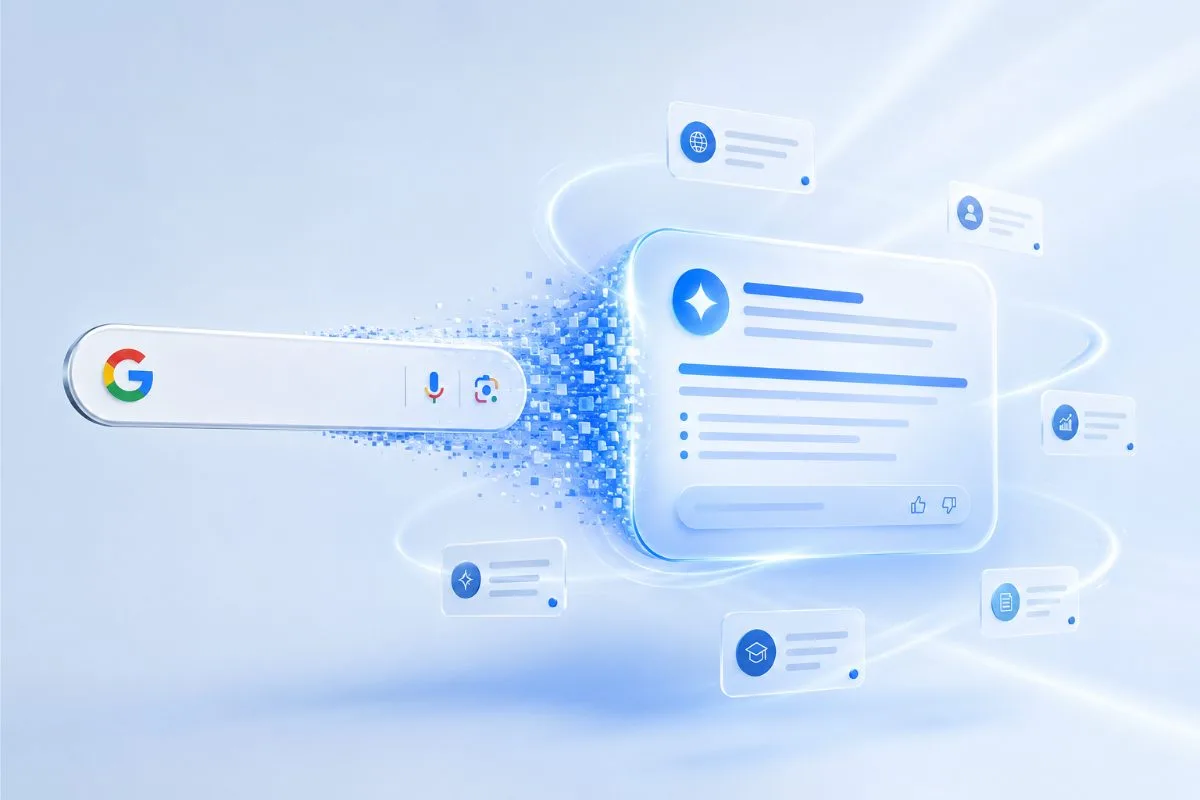 Google search bar dissolving into an AI answer card — the answer-engine shift of 2026