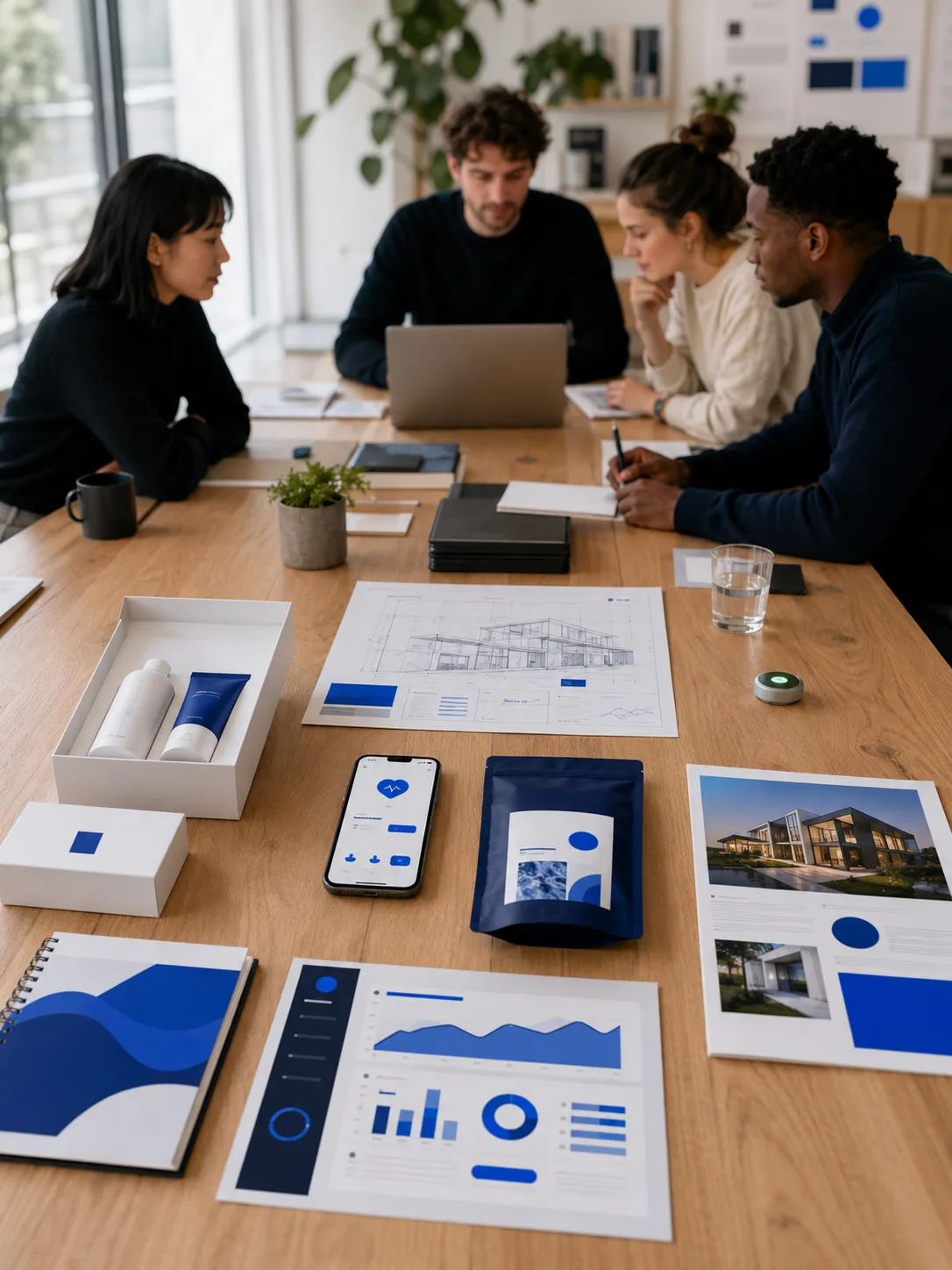 The Nexora team reviewing work across industries — brand packaging, a healthcare app, an architecture blueprint, real-estate collateral, and a finance dashboard laid out on one table